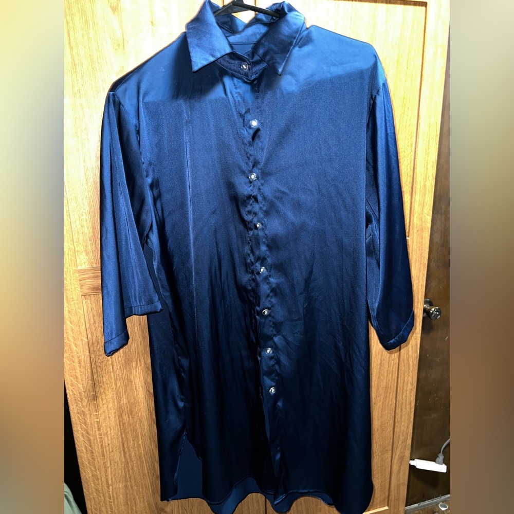 Navy Blue Pajama Dress with Three-Quarter Sleeves